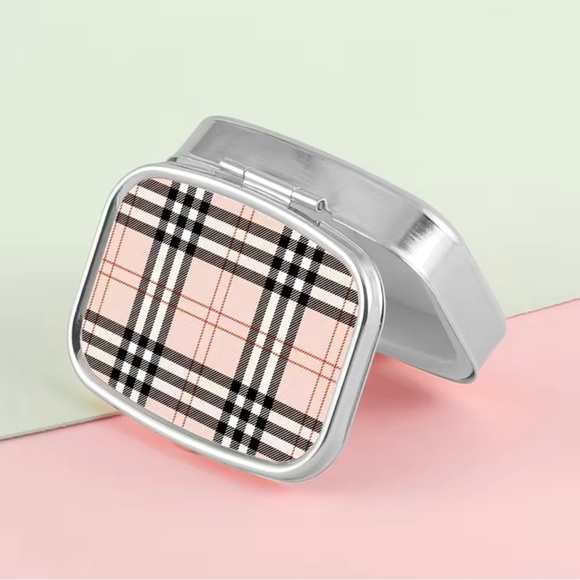 Plaid Pattern Rectangular Makeup/Pill case Mirror With Storage Function - Picture 3 of 5